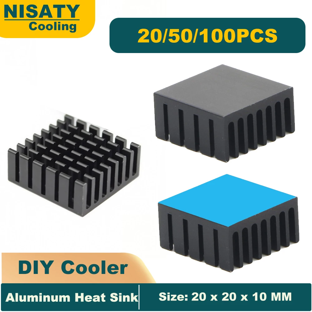 Black Anodized Aluminum Heat Sink 20x20x10mm Slotted Cooler Radiator with Thermal Conductive Pad Tape for Efficient Cooling
