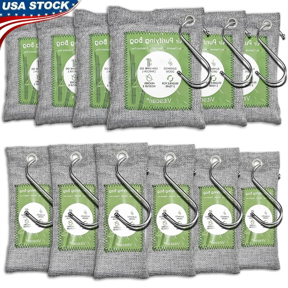 

12 упаковок, бамбуковые угольные пакеты, поглотитель запаха, натуральный очиститель воздуха, освежитель обуви и автомобиля, средство для удаления влаги, экологически чистый древесный уголь