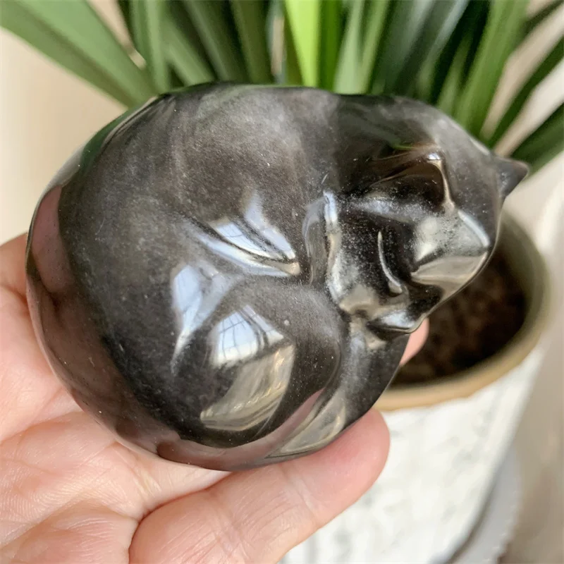 

Natural Silver Obsidian Sleeping Cat Carving Quartz Healing Crystal Stone Cute Birthday Present Home Decoration 1PCS 8CM