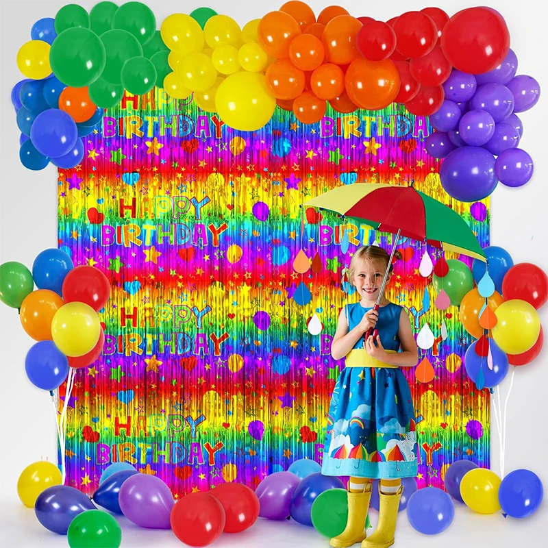 134PCS Rainbow Birthday Party Decor Rainbow Party Balloons Arch Kit Foil Fringe Curtains Set for Kids Friend Backdrop Photobooth