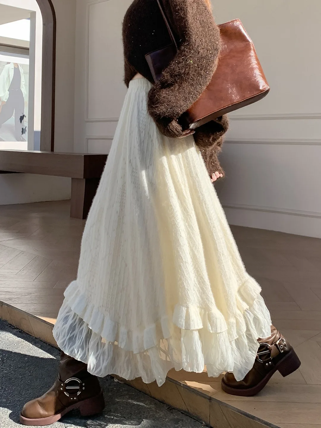 

High Waist Lace Trim Splice A-Line Skirt Women's Spring Faion French Sle Ciwalk Polyester Elastic Fiber Skirt