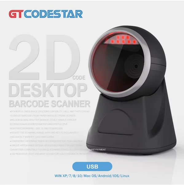 GTCODESTAR Omnidirectional Image Platform USB Qr Code Reader Wired Desktop 2D  Barcode Scanner GT-8801D Table Barcode Reader