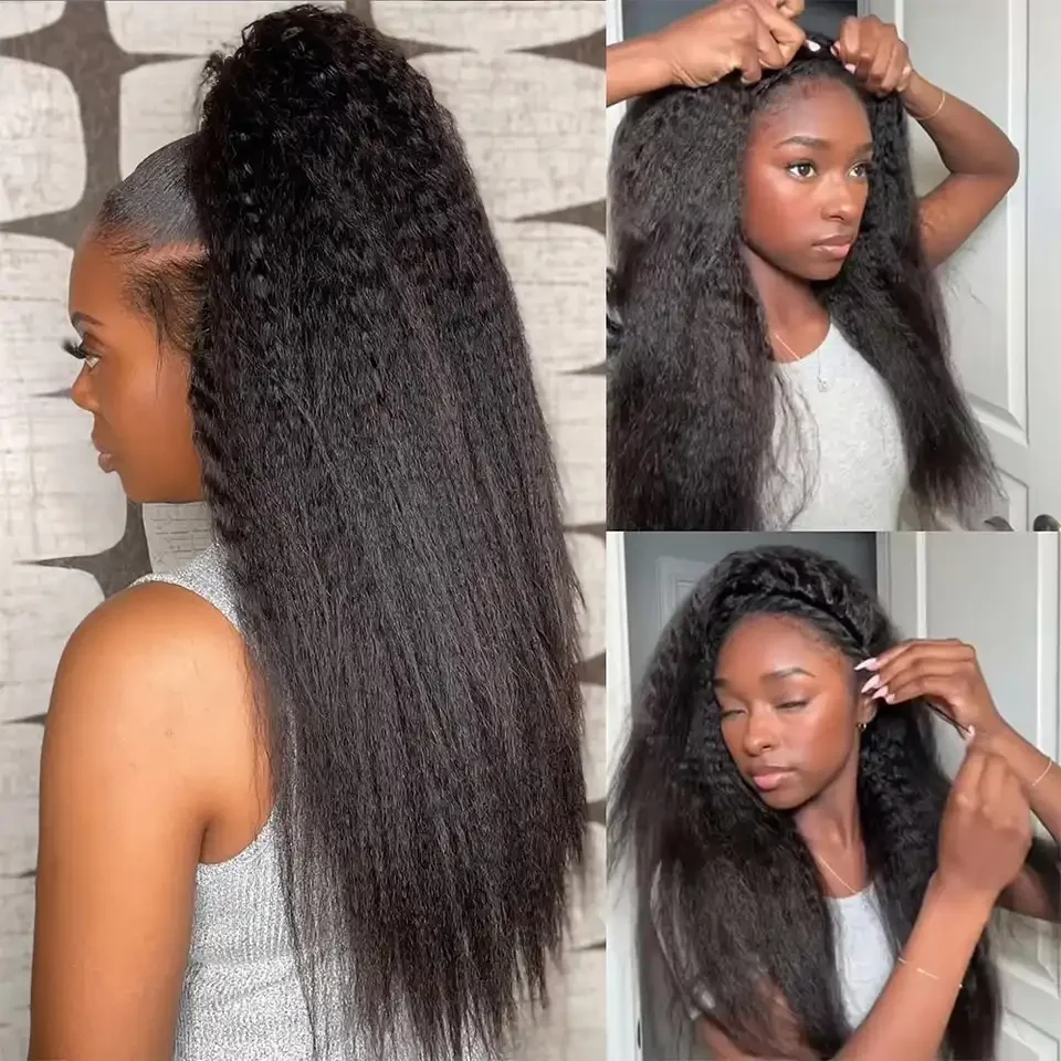3 In 1 Half Wigs Human Hair 200% Kinky Straight Half Wig Seamless Clip In Half Wig with Drawstring for Women Beginner Friendly
