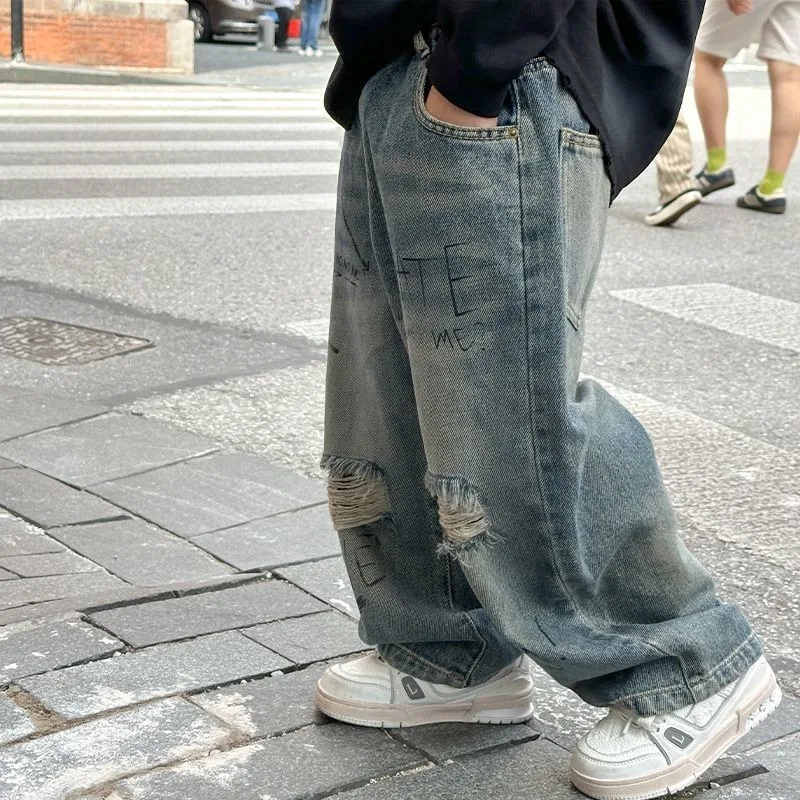 2025 New Boys Ripped Jeans Korean Style Autumn Spring Kids Long Pants Trendy Stylish Jeans