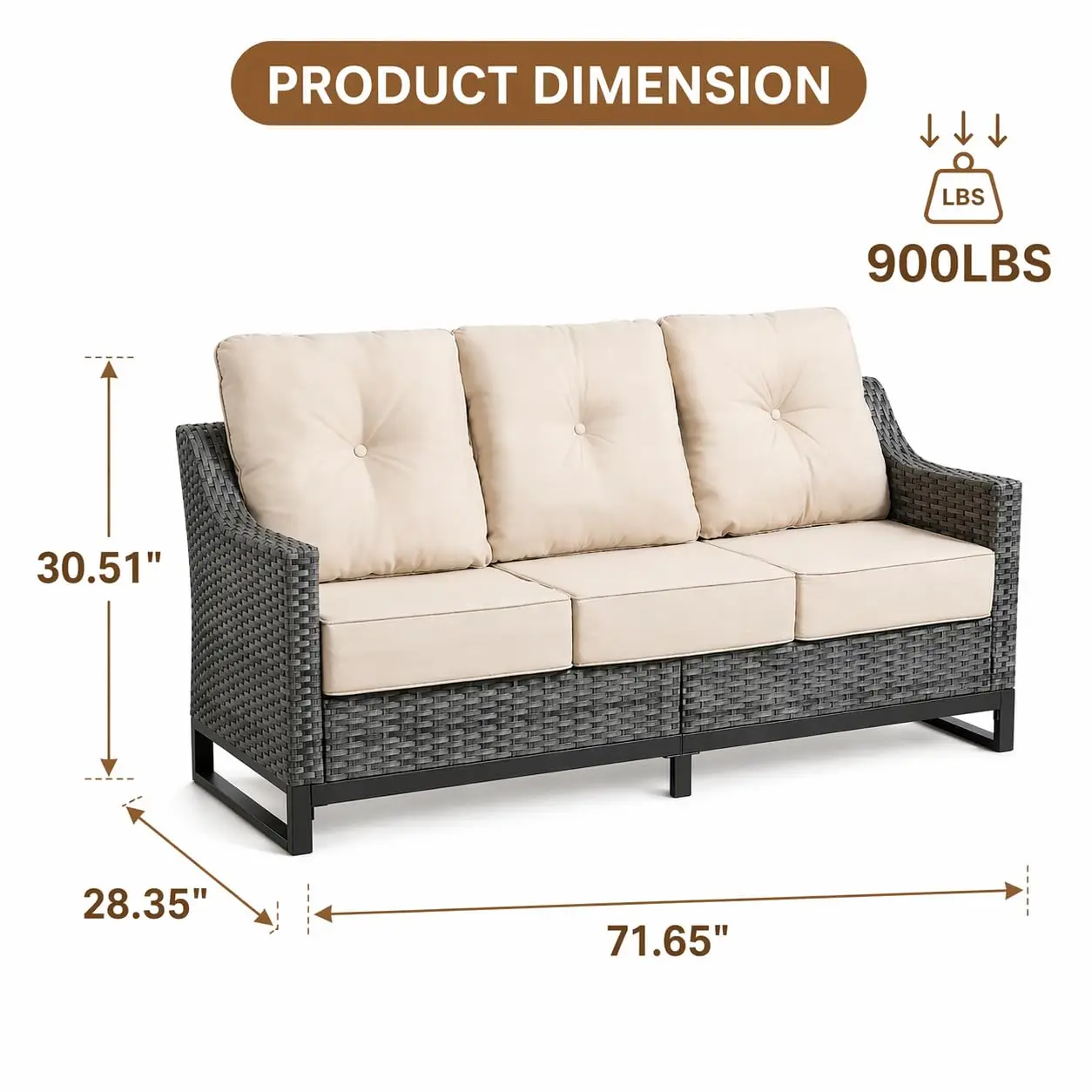 Outdoor Wicker 3-Seat Sofa All-Weather PE Rattan with Cushions & Metal Frame for Backyard Porch Garden Deck, Customized