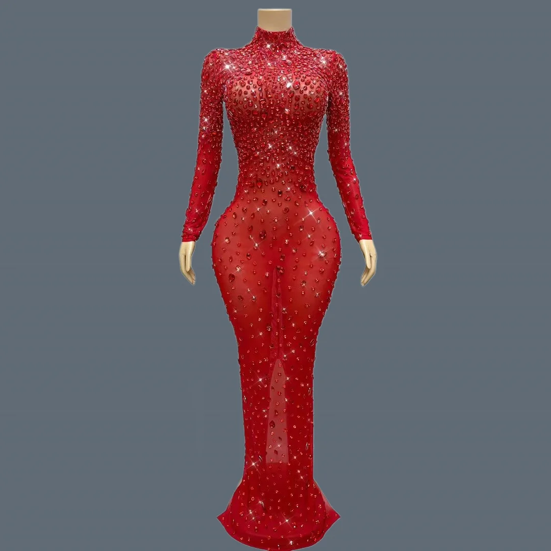 

Sparkly Red Full Rhinestone Sheer Mesh Luxury Dress Long Sleeve Women Stage Event Show Outfit Party Club Sexy Wear Dashuijing