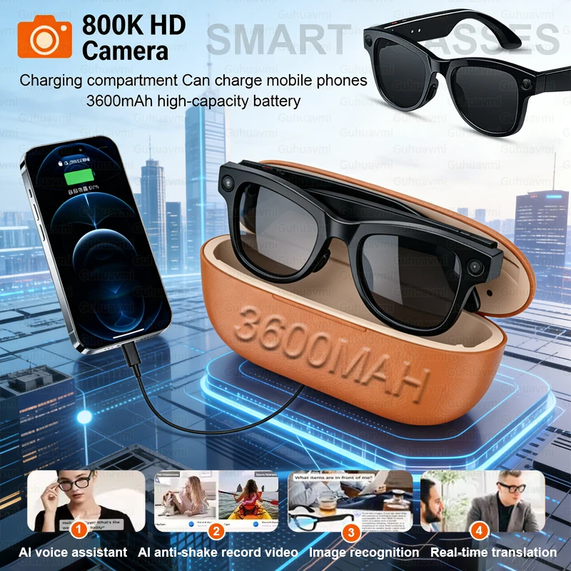 

2026 New 3600mAh Large Battery Smart Glasses 8MP HD Camera Video Recording AI Photo Recognition Translation Voice Sunglasses Men