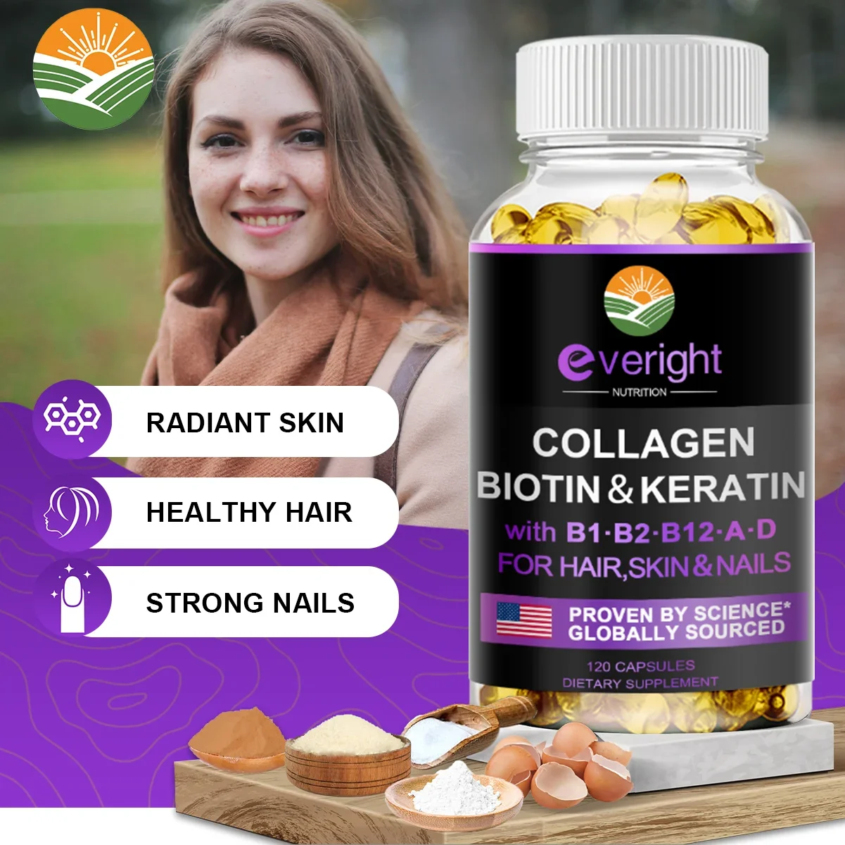 Biotin Hyaluronic Acid, Collagen Keratin –Hair Growth Vitamin – Nails & Skin,  B1, B2, B6, B12 Complex Supplement for Men &Women