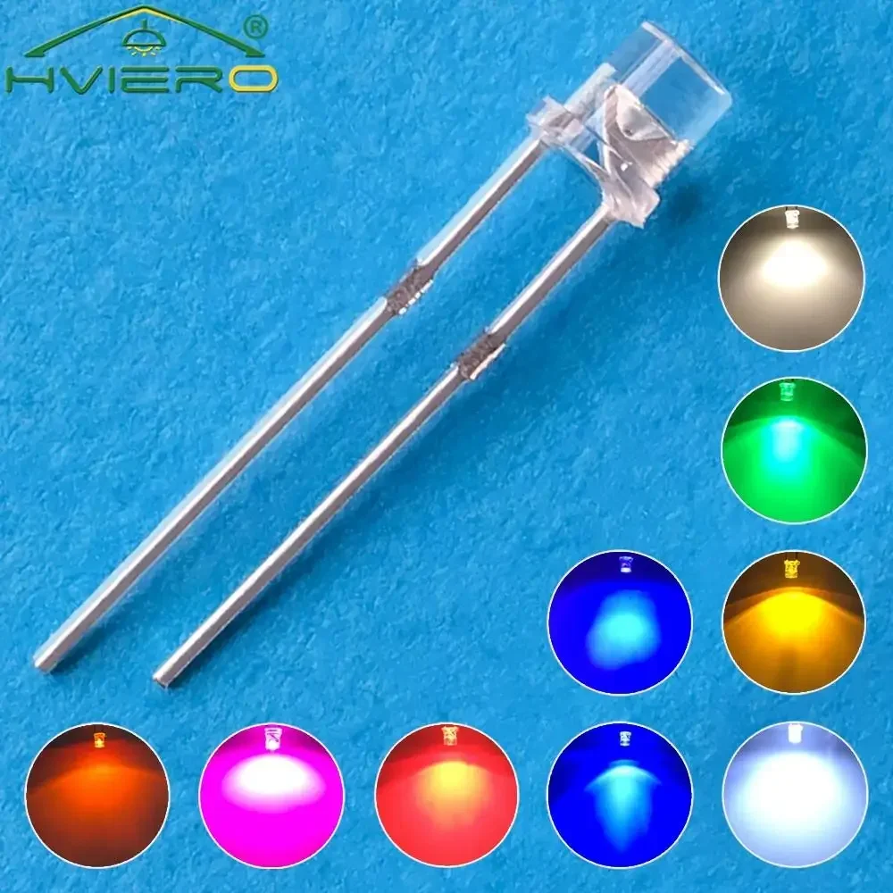 

100Pcs F3 3mm 2pins Flat Emitting Diodes Lamp Ultra Bright LED Bulbs White Red Yellow Blue Green Pink Diode Led Wide Angle Light