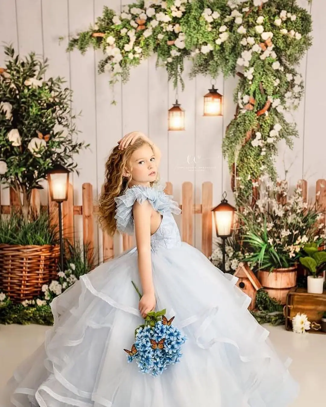 Vestido de flor azul claro para casamento, comprimento do chão, laço, decote em v, tule, inchado, sem mangas, princesa, festa de aniversário infantil, vestido de baile