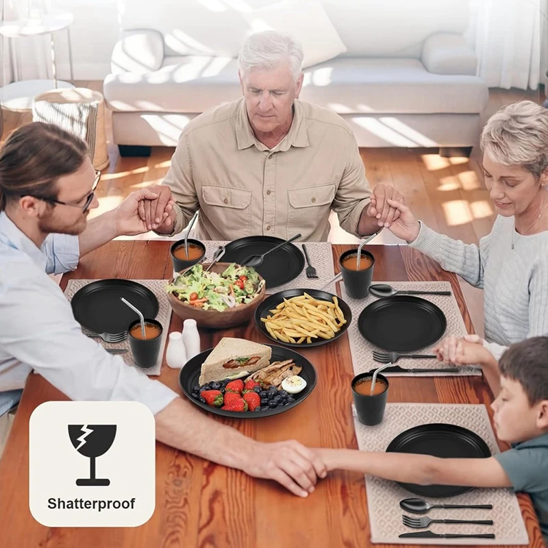 DT39 Unbreakable 32-Piece Plastic Dinnerware Set for 4 Shatterproof Plates Bowls Camping Dishwasher Microwave Safe Black