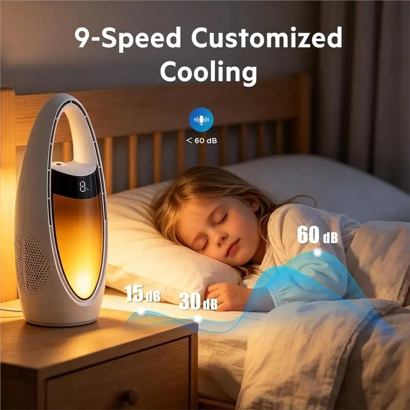 【A SPECIAL SURPRISE】Portable Rotorless Table Fan Battery Powered, Water-Cooled 9-Speed, 70° Oscillation, LED Night Light Safety