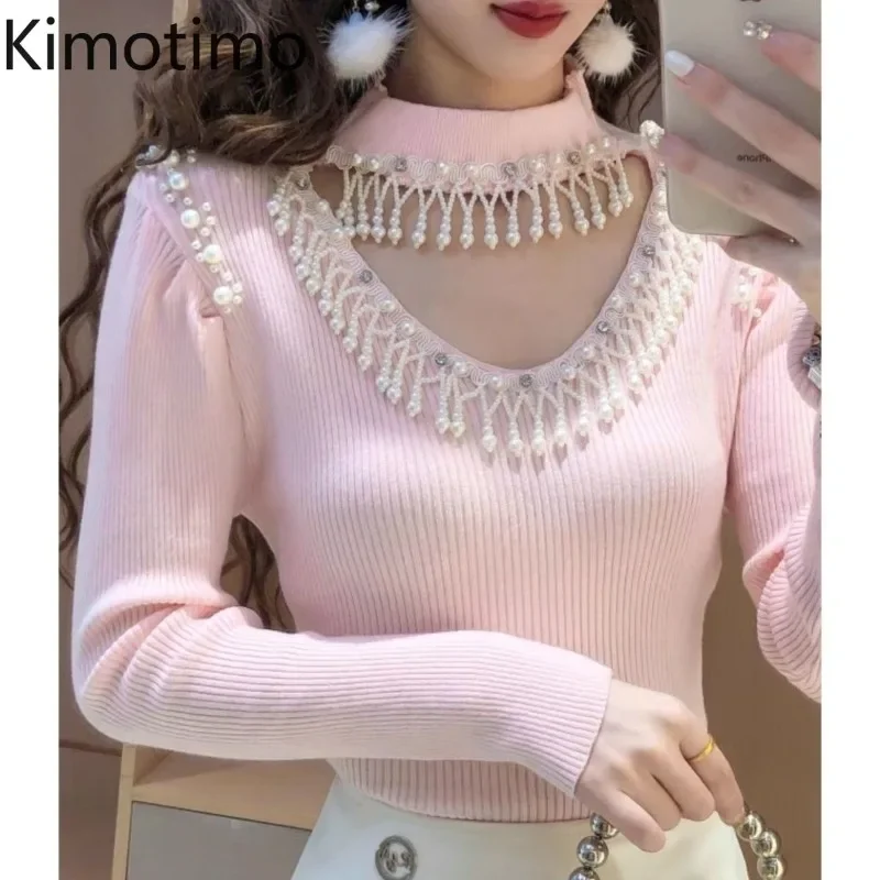 Kimotimo Fashion Beading Knitted Tops Women Autumn Winter Hollow Out Slim Long Sleeve Bottom Pullover Gentle Sweet Y2k Sweater