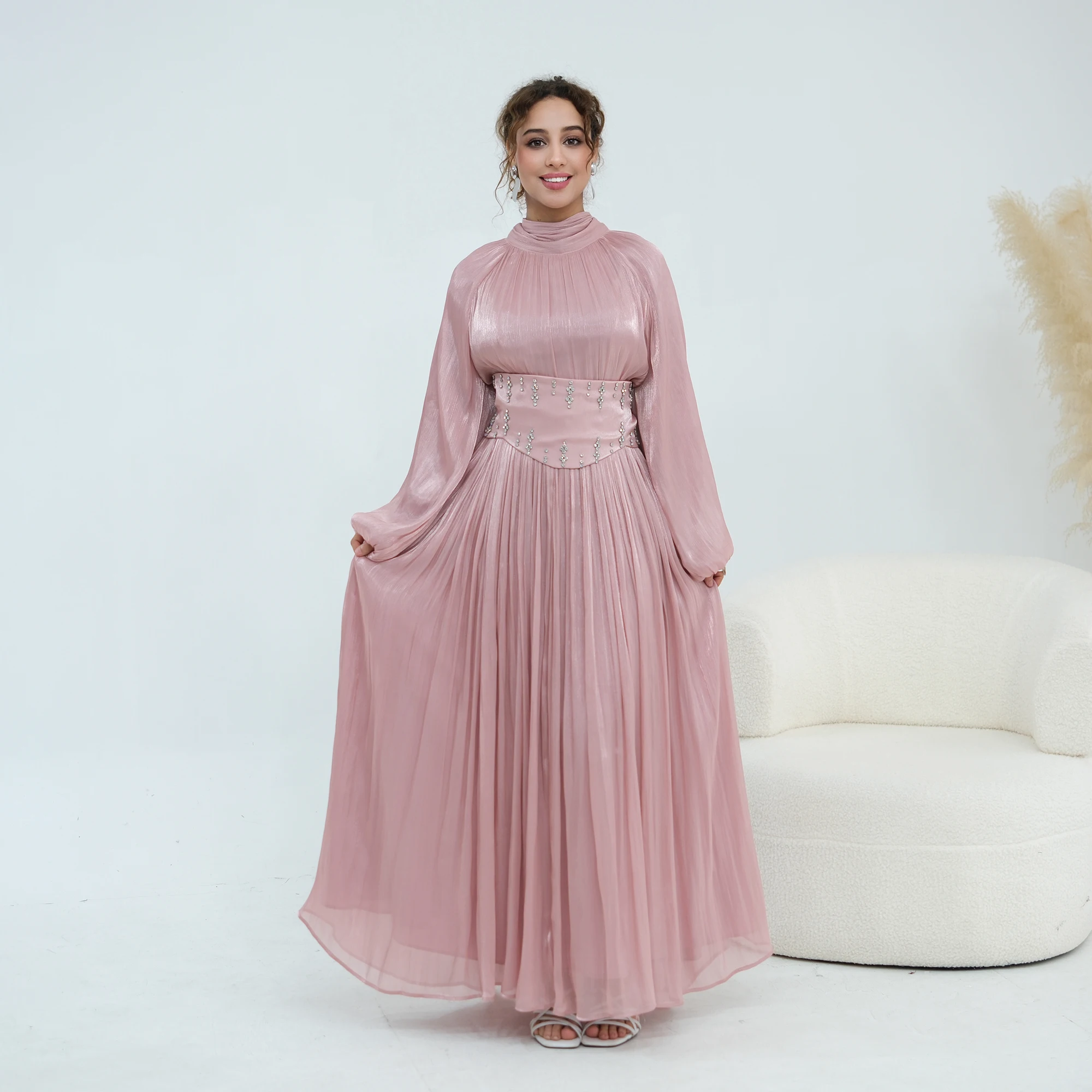 Eid Evening Galas Party Events Balloon Sleeves Muslimah Abaya Dress with Detachable Embellished Waist Belt. Dubai Islam Clothes
