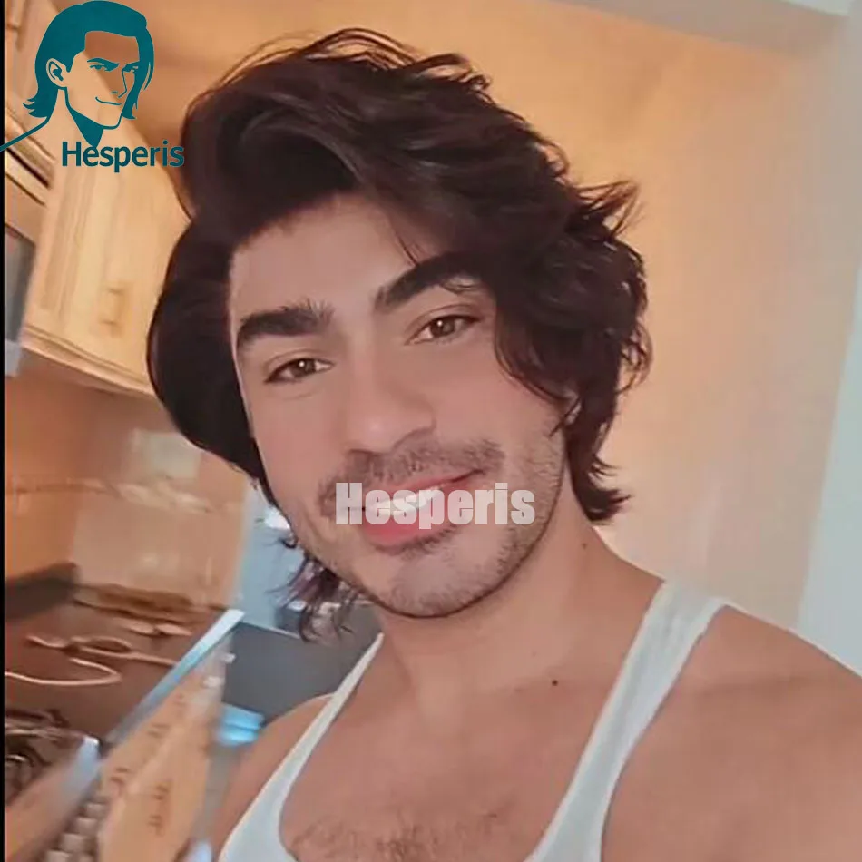 Hesperis Brown Wavy 13x6 Pre-Plucked Lace Front Wig for Men Short Cut Transparent Brazilian Remy Pre-Styled Male Hairpiece