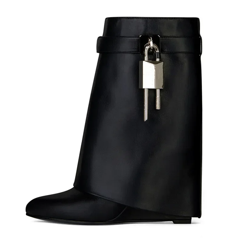 Metal Lock Buckle Women's Mid Calf Boots Punk Style Round Toe High Heel Western Boots Luxury Designer Wedges Women's Short Boots