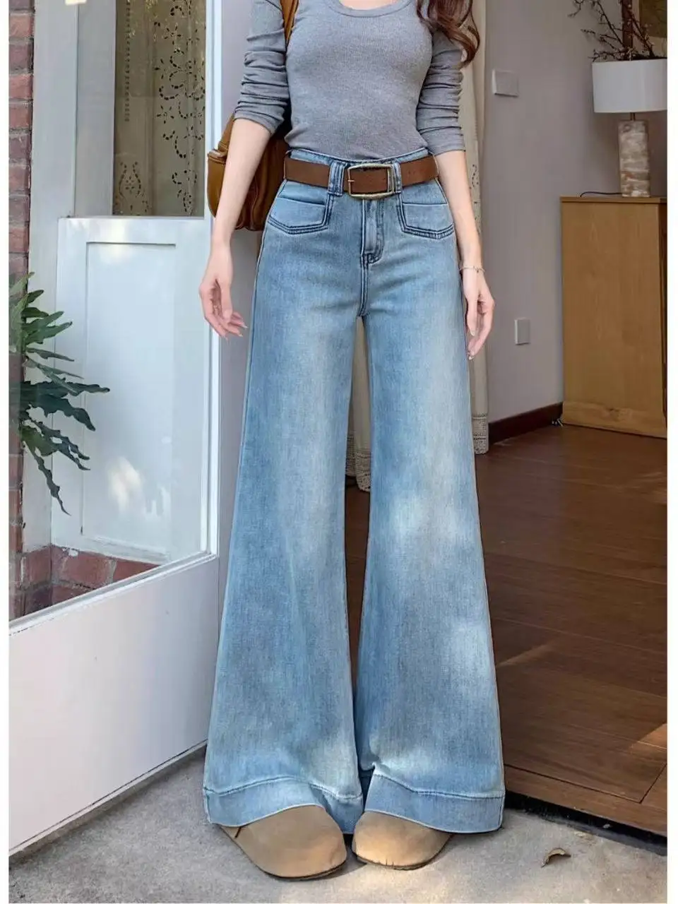 

Широкие джинсы-клеш женские светло-голубые с высокой талией на молнии для весны и лета, повседневные, удобные, износостойкие