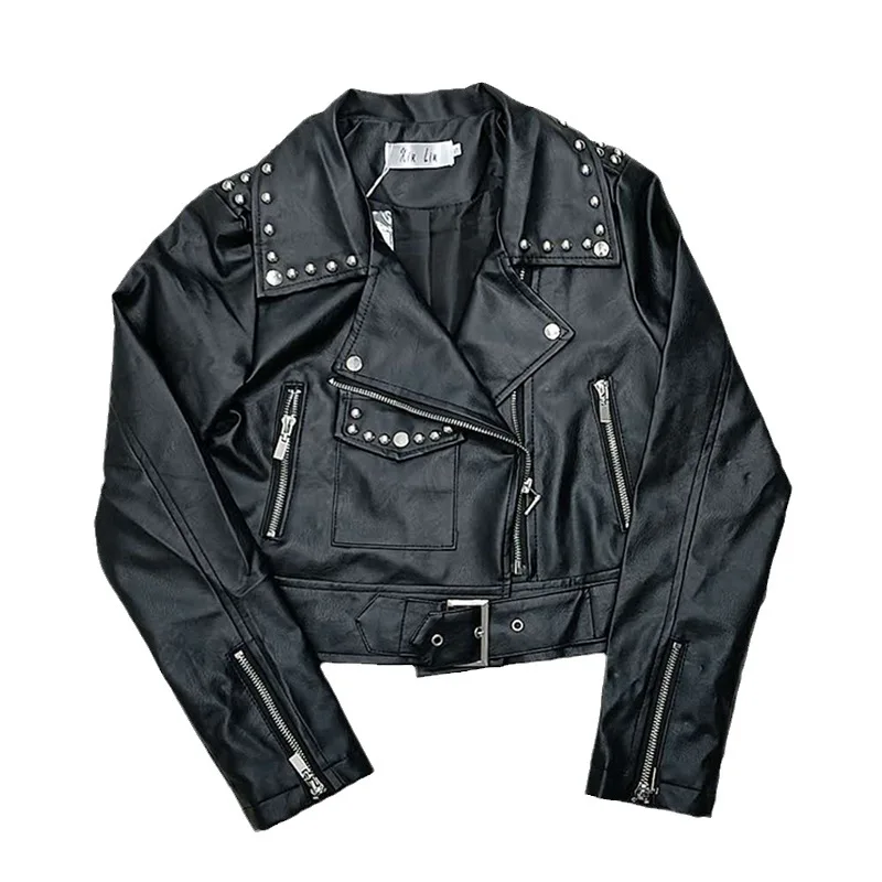 2024 Women's Motorcycle PU Leather Coat Autumn Fashion Personality Rivet Lapel Leather Jacket