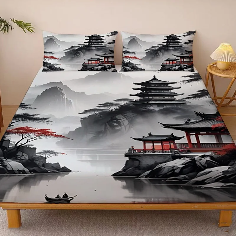 Ink painting mountain and river, ancient temple, red maple, and small boat bed sheet (includes 1 bed sheet + 2 pillowcases) mattress protector, elastic fitted sheet, protective cover, mattress protector, fitted sheet bedding, Japanese-style bedding