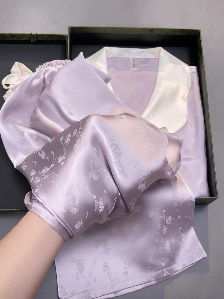 

Новинка [Silk Mulberry] Легкая роскошная женская пижама с длинными рукавами, комплект домашней одежды с милой кукольной шеей