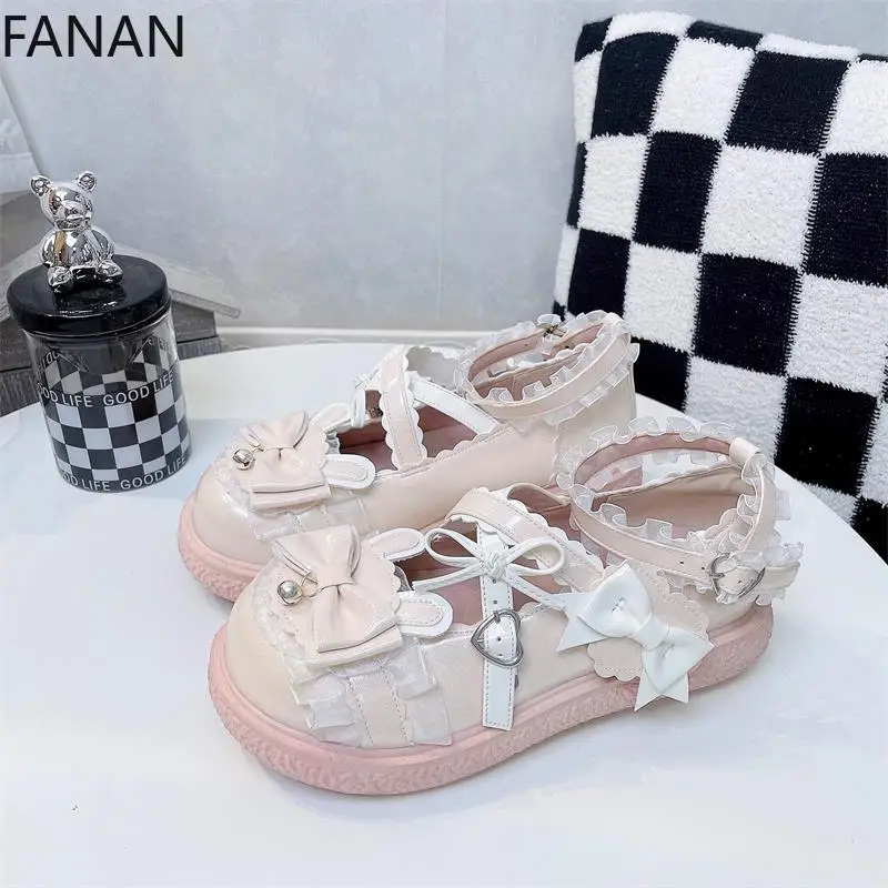 2025 New Flats Sweet Lolita Low Heel Summer Round Head Cute Girl JK Uniform Pink Bow Platform Leather Shoes Sandals