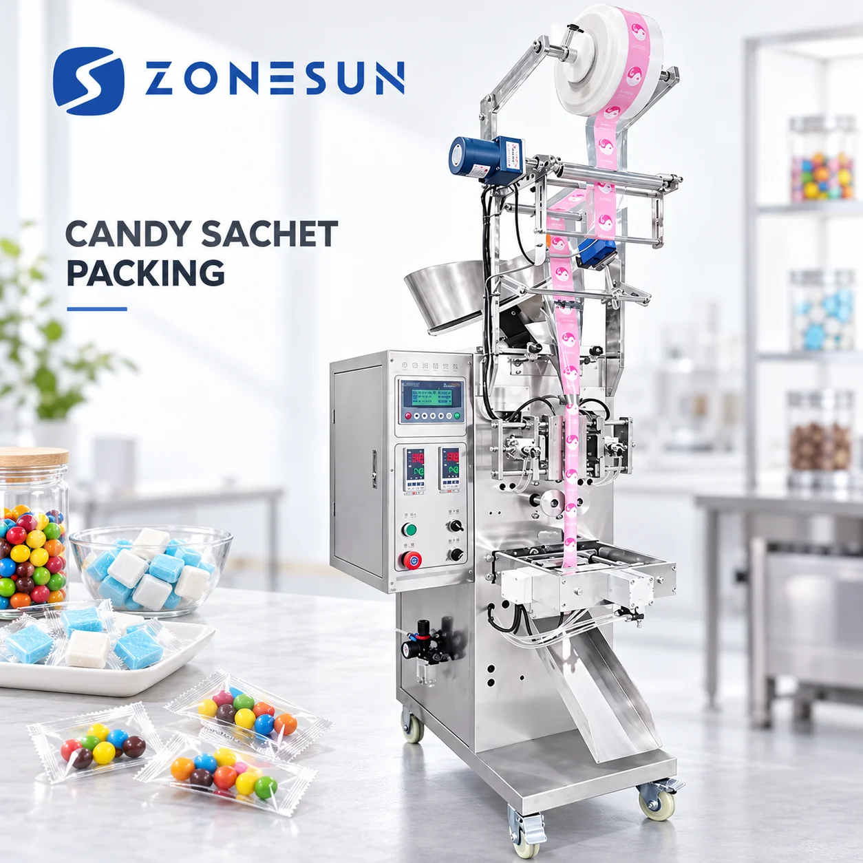 ZONESUN ZS-SLFK80 Automatic Filling and Sealing Machine with Counting Functions Vibrating Pills Beans Candy Granules Packing