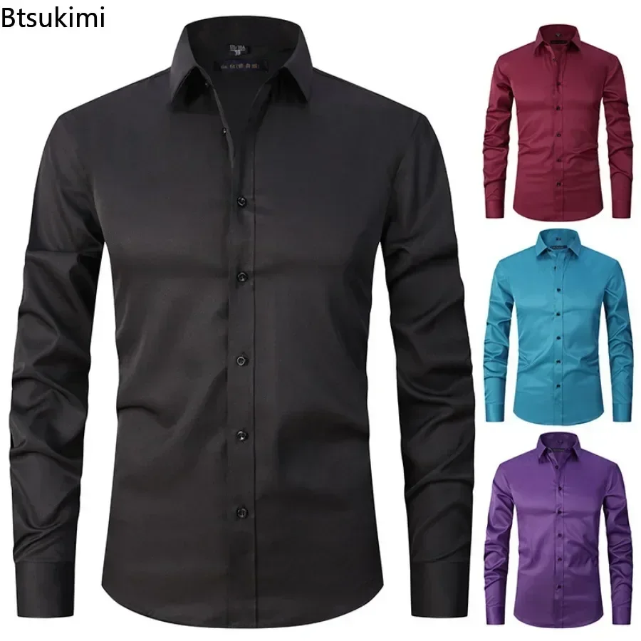 2026 Men's Formal Business Shirts Solid Slim Fit Casual Shirts Banquet Party Dress Shirts Comfortable Large Size Blouses for Men