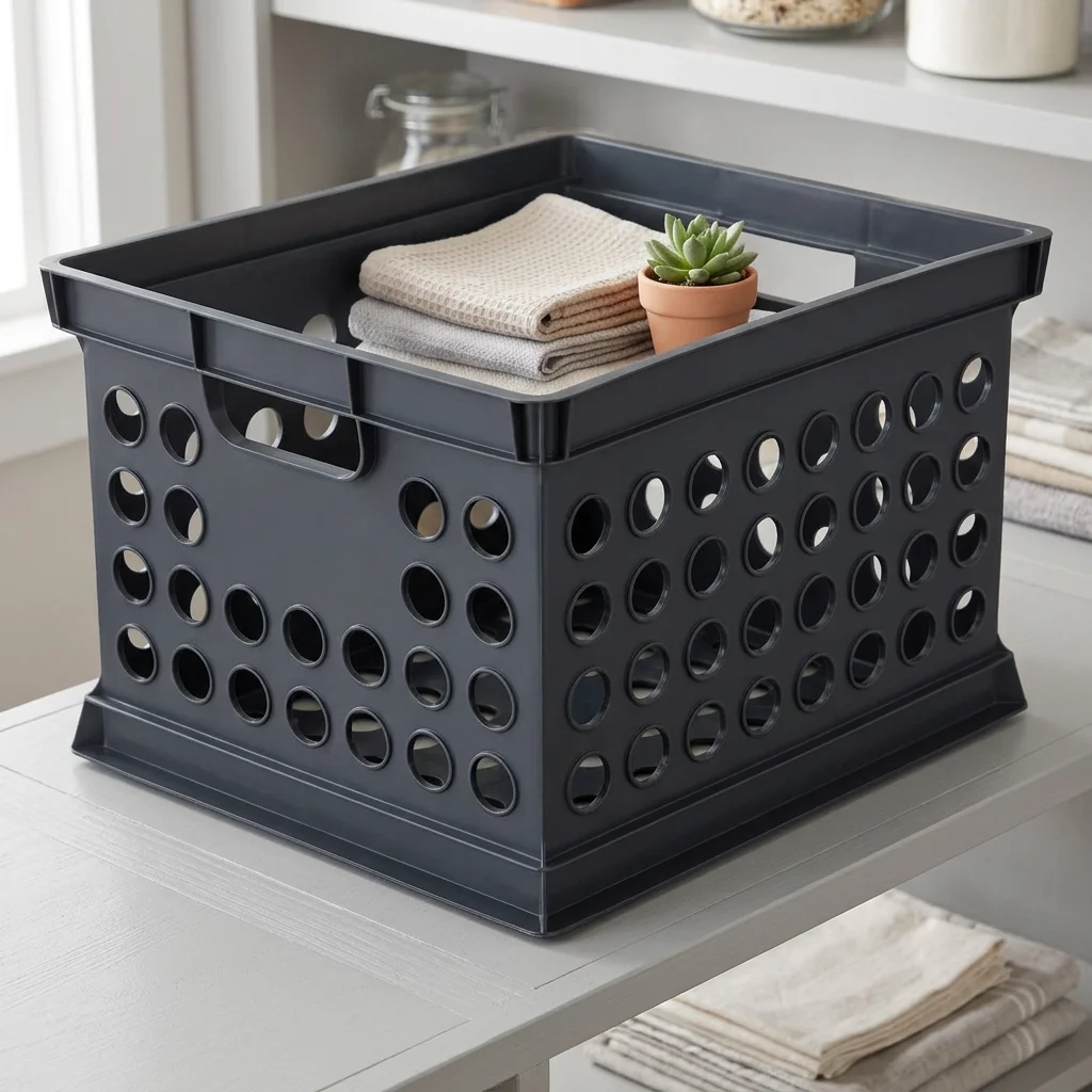 Black Plastic Storage Crate, Stackable Utility Bin with Built‑in Handles, Large Capacity for Files & Household Supplies