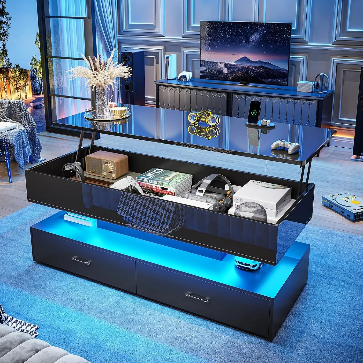 Lift Top Coffee Table With Storage, 2 Drawers, Power Outlet & LED Light For Living Room, 47.2