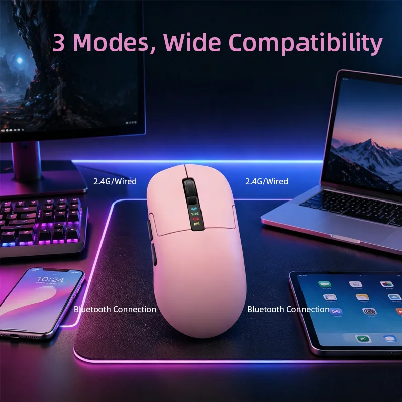 Tri-mode Game Mouse Rechargeable Luminous Magnetic Charging Base Dual 1K Polling Rate Wide Compatible Fit Medium Hands PC Mause