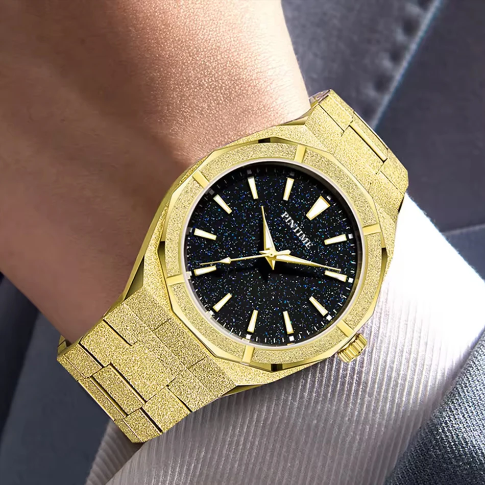 PINTIME Starry Frosted Men Quartz Watch Fashion And Luxury Gentleman Watches Golden Watch Waterproof Men And Women Quartz Watchs