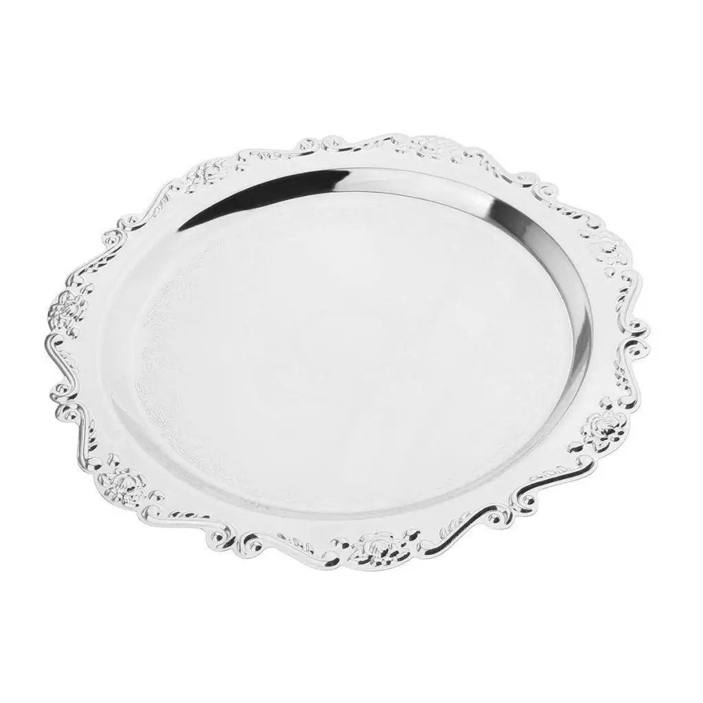 

Silver Round Metal Fruit Dish Pastry Plate Tea Dessert Serving Tray 30cm