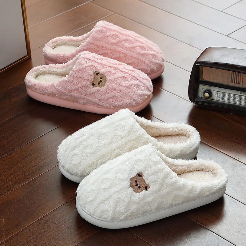 New Home Slippers Striped Design Women Winter Soft Sole Anti Slip Cotton Shoes Men Indoor Warm Plush Slides Bedroom Fluffy Flats