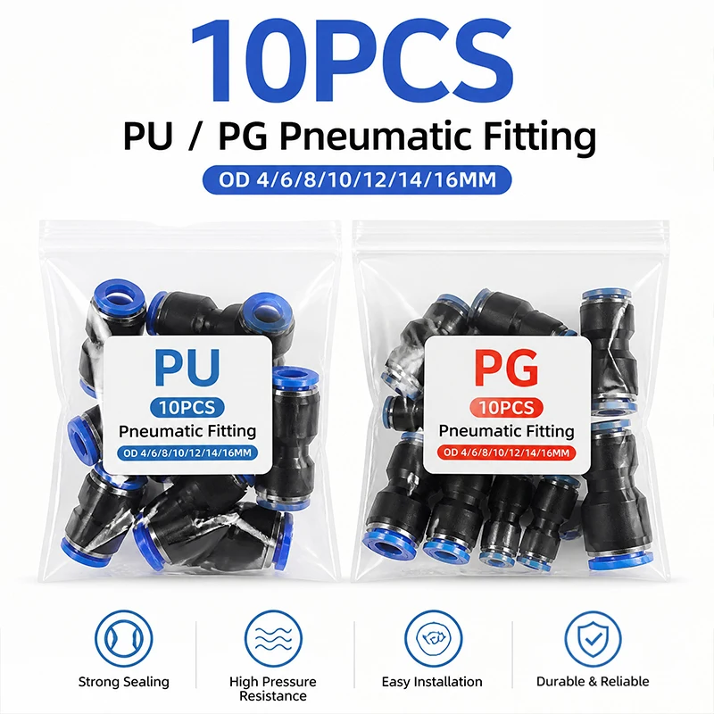10Pcs Pneumatic Fitting PU PG Straight Reducer Push in Connectors for Air Water Hose Tube OD 4mm 6mm 8mm 10mm 12mm 14mm 16mm