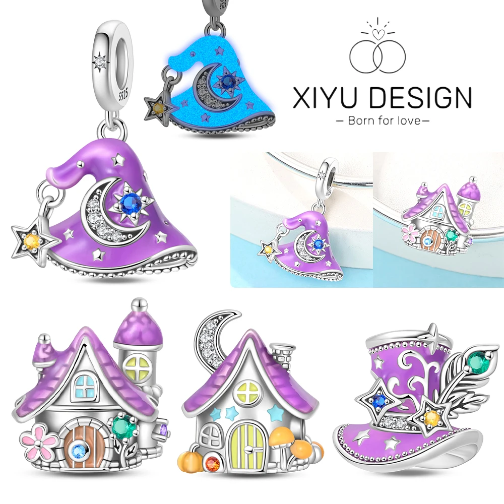 Halloween Party 925 Silver Purple Night Light Castle Magic Hat Pendant Beads Fit Charms Bracelet For Jewelry Making Women Gifts