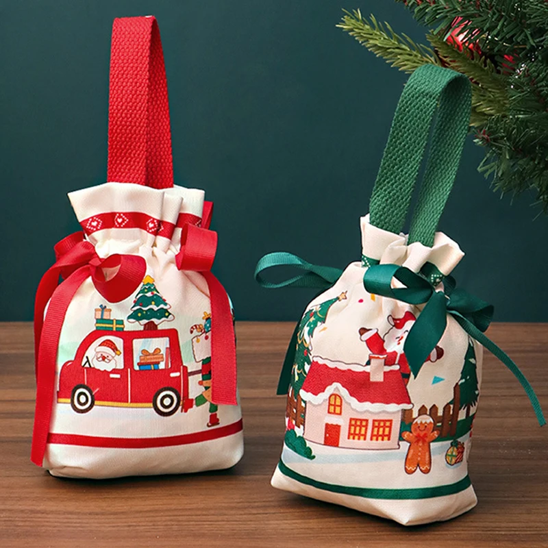 Merry Christmas ถักกระเป๋าถือ Mini แบบพกพา Knot Tote กระเป๋าใหม่ปี Xmas ของขวัญบรรจุกระเป๋าถุงช้อปปิ้งแบบใช้ซ้ําได้