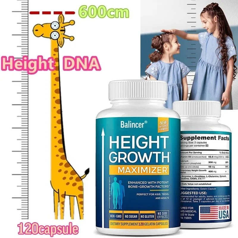 Height Growth Maximizer - Natural Peak Height - Bone Strength Growth with Calcium - No Somatropin, 120 Capsules