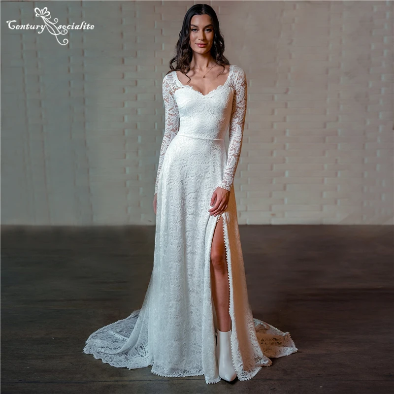 

Boho Wedding Dresses for Women 2023 Long Sleeve Side Slit Backless Lace Beach Bridal Dress Bride Gowns Vestido De Noiva