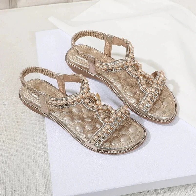 2025 Sandalias de mujer Ocio Cuñas de perlas Cómodas Moda bohemia Cómodo vestido para caminar Sandalias de verano para mujer