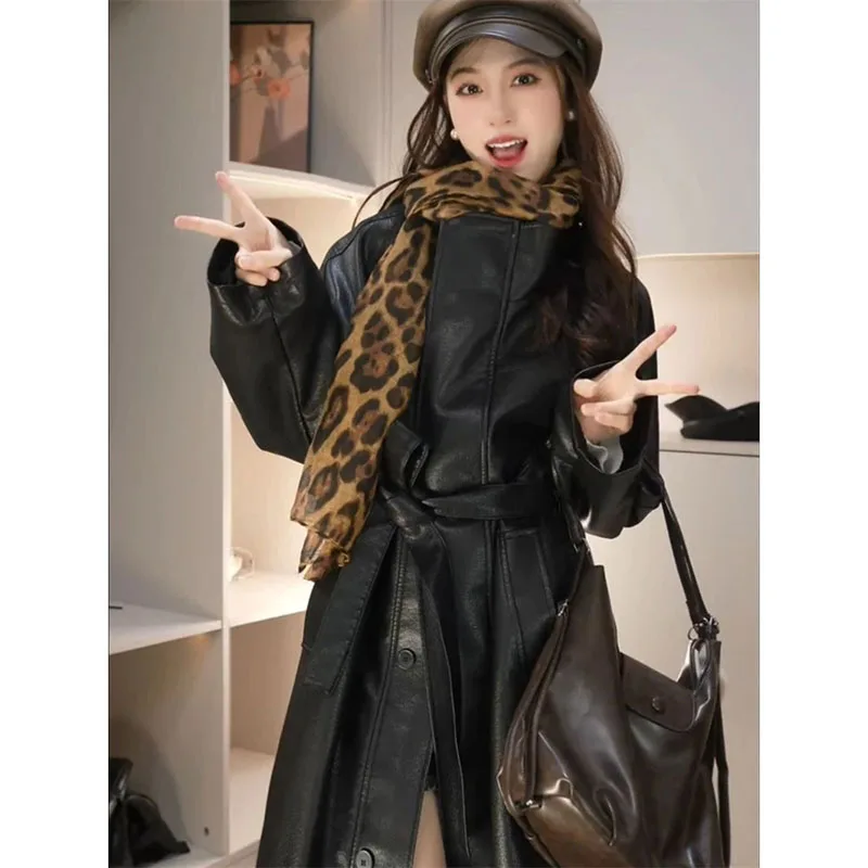 Korean Women Lace Up Long PU Leather Jacket Autumn Female Faux Leather Outwear Spring Ladies Stand Collar Loose Leather Top Coat