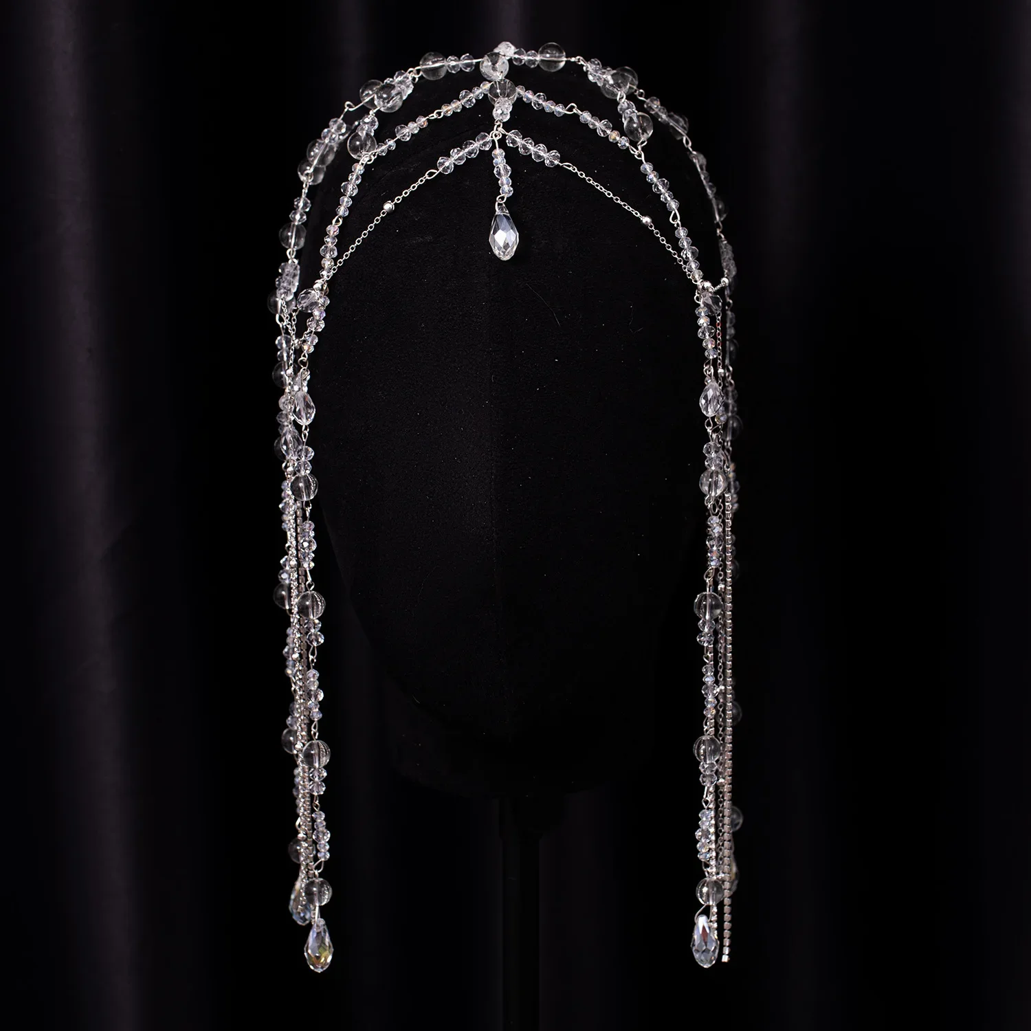 Handmade Beaded Headband Crown Tiara Rhinestone Chain Tassels Goddess Headband