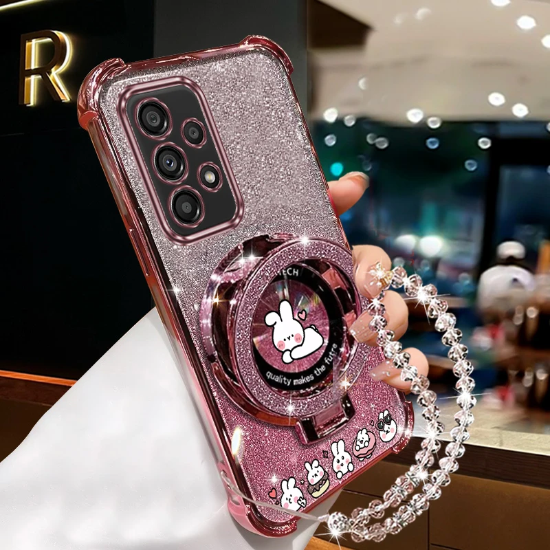 A 53 33 73 Crystal Strap Glitter Love Rabbit Phone Holder Case On For Samsung Galaxy A32 A33 A52 A53 A73 A51 A23 4G 5G Cover