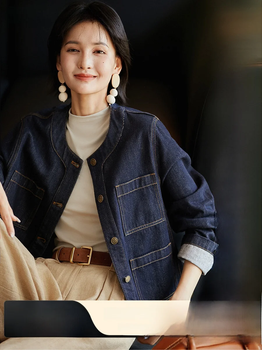 

Xhange Blue Denim Jaet Commute Sle, хлопковая круглая женская верхняя одежда на пуговицах стандартного кроя с эффектом похудения