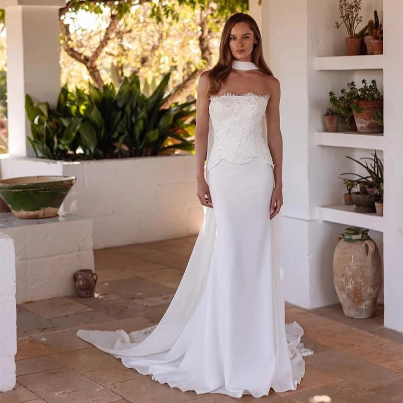 

Eightree Elegant Mermaid Wedding Dresses Strapless Lace Scarf Satin Evening Wedding Gowns Women Bridal Prom Dress Customized