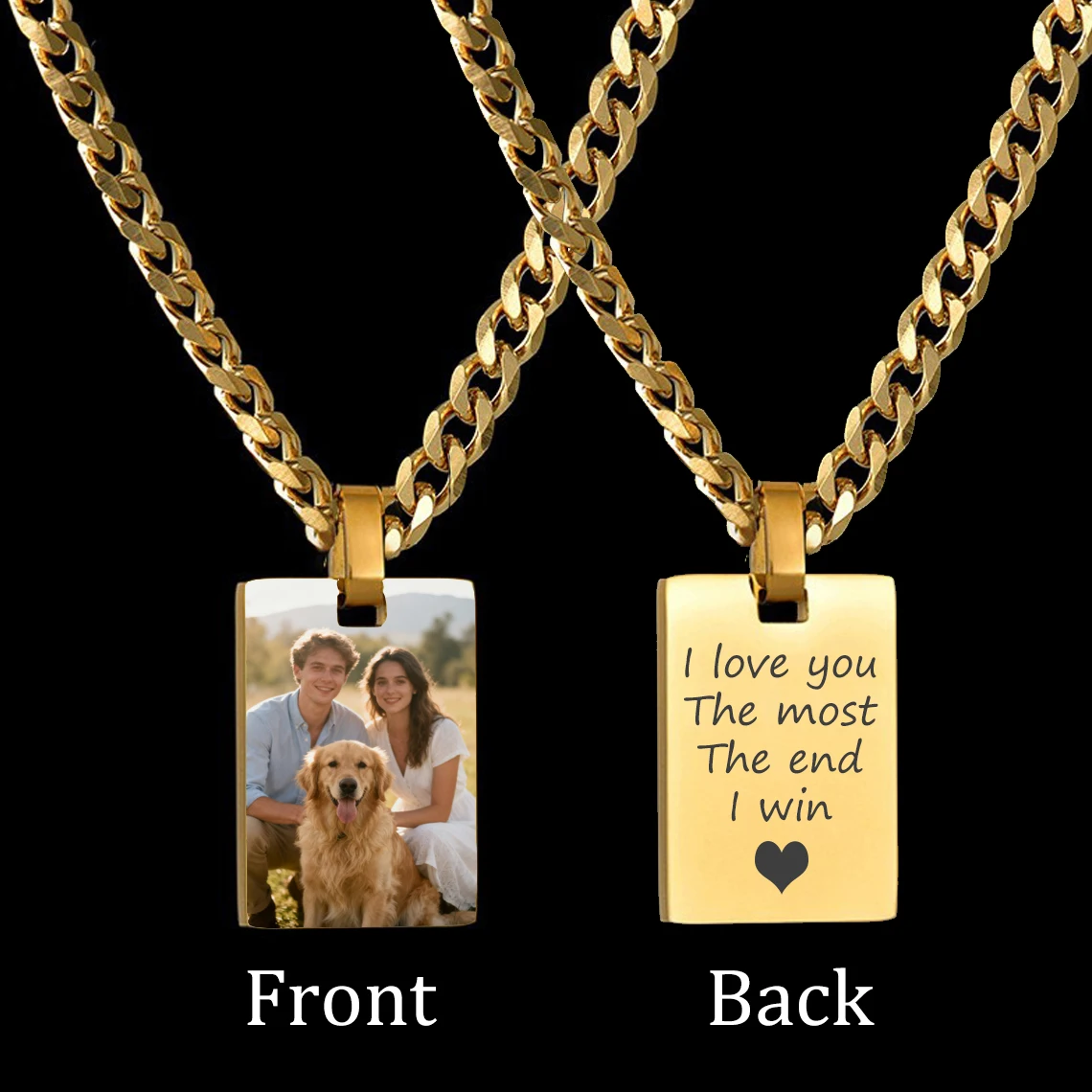 Customized Colorful Photo Necklaces for Men Women Couples Stainless Steel Engrave Color Picture 5mm Cuban Chain Christmas Gift