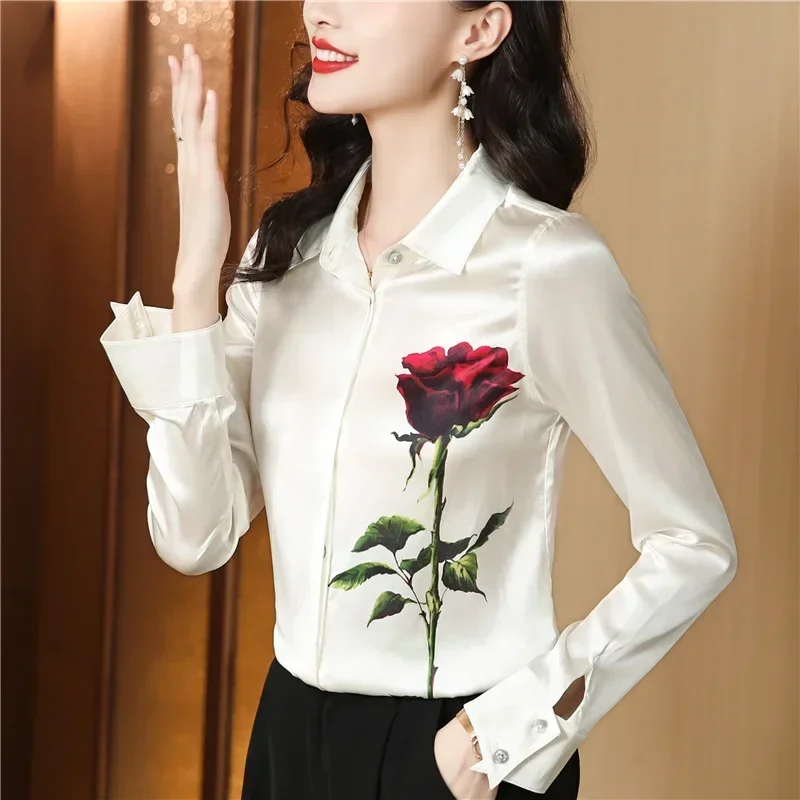 Satin Long Sleeve Women Shirt Summer Roses Floral Korea Fashion Loose Comfortable Lapel Single-breasted Blouse Movafag