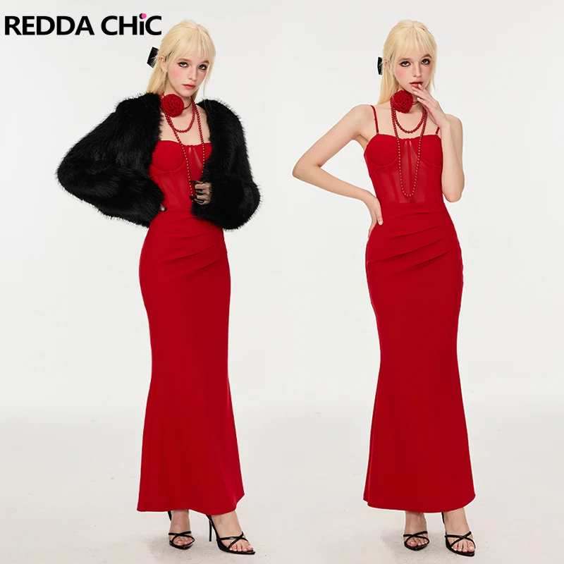 Reddachic-ノースリーブのドレス,スパゲッティストラップ,プリーツ,フィッシュテール,イブニングパーティー,ワンピースの女性用透明コルセット