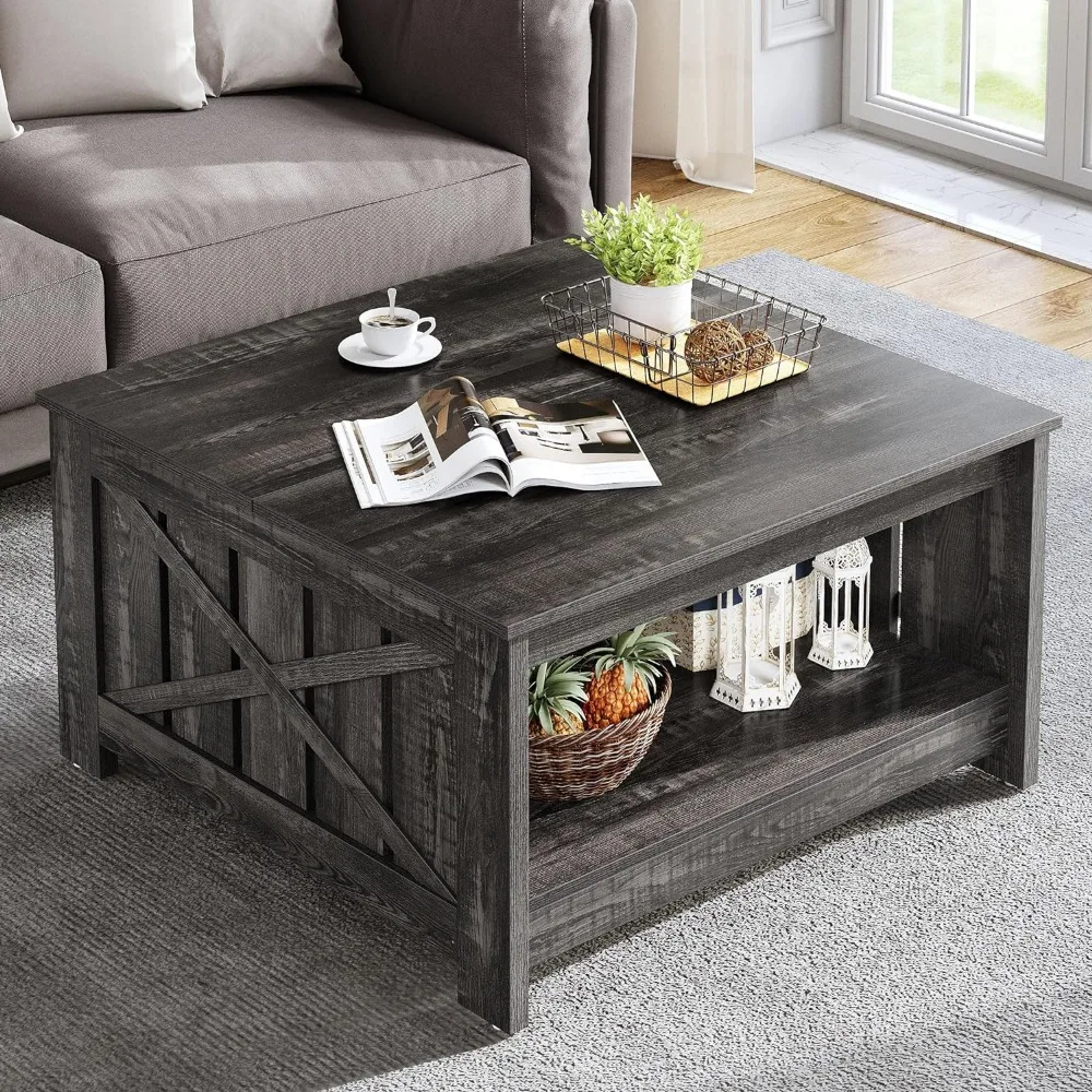 

Coffee Table with Storage,Farmhouse Coffee Table Rustic Wood Cocktail Table,Square Living Room Table for Living Meeting Room