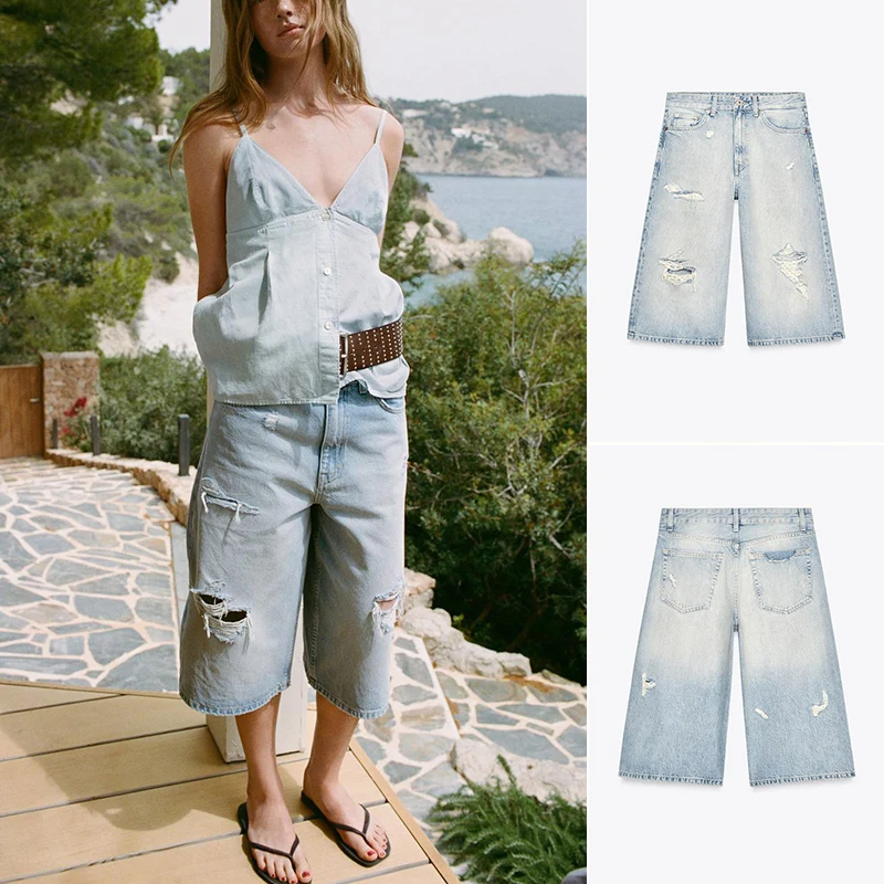 

Summer Women's Denim orts Waed Effect Hole Decoration Mid-Waist Wide Leg Pants Casual Sle High Waist Seven-Foot Length