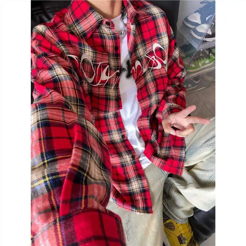

American Retro High Street Embroidered Red Plaid Long Sleeve Men's Shirt Couple's Outerwear Spring Season Loose Fit